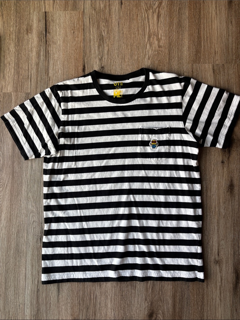 Uniqlo Black & White Striped Short Sleeve Tee with Minion Patch